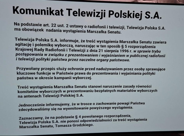 Skandal z orędziem Marszałka Senatu. Dziwny komunikat TVP - INFBusiness