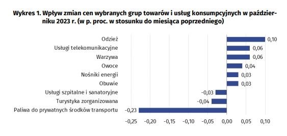 Wykres przedstawiający wpływ zmian cen wybranych grup towarów i usług w październiku 2023 roku /Główny Urząd Statystyczny /GUS