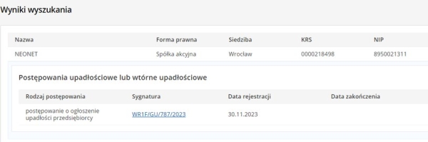 Informacja w KRZ o postępowaniu o ogłoszeniu upadłości NEONET /materiał zewnętrzny