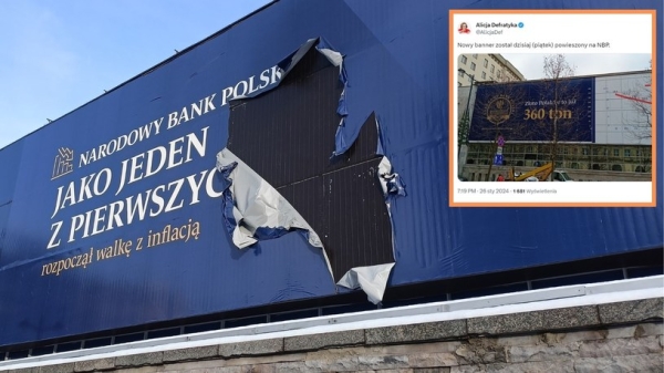 Uszkodzony baner na siedzibie NBP został zastąpiony nowym /Interia.pl, Alicja Defratyka/X /