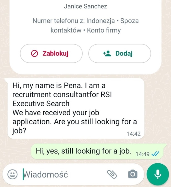 Wiadomość, jaką otrzymałam od oszustów /materiały własne /