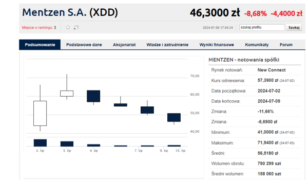 Debiut Mentzen SA wcale nie był najlepszy. Kurs akcji zniżkuje czwartą sesję z rzędu - INFBusiness