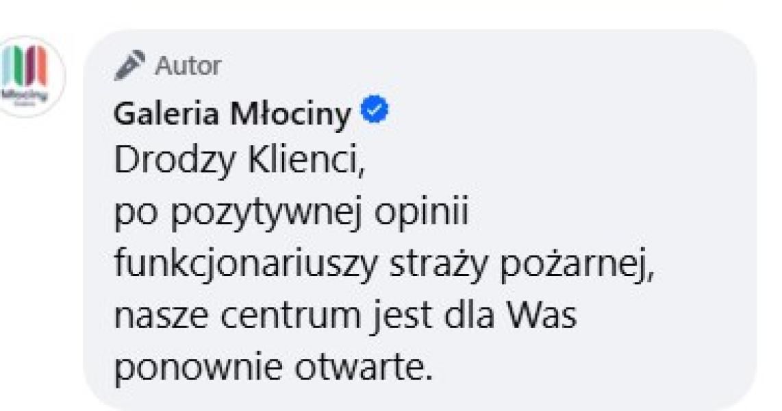 Galeria Młociny poinformowała, że po ewakuacji spowodowanej zadymieniem obiekt jest już ponownie otwarty /materiały prasowe