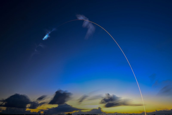 Timed exposure of the SpaceX Falcon 9 rocket as it launches 28 Starlink satellites at dawn from Launch Complex 40 at the Cape Canaveral Space Force Station in Florida on Sunday. Photo by Joe Marino/UPI