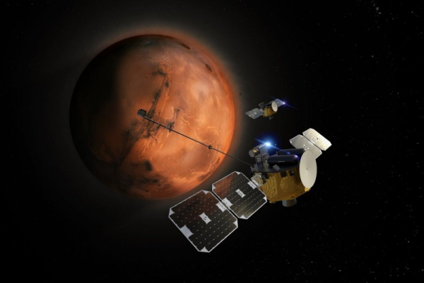 An illustration depicts two Photon spacecraft approaching Mars for the ESCAPADE mission. NASA picked Blue Origin to launch ESCAPADE, which will send a spacecraft to Mars to study the planet&#039;s magnetosphere. Photo courtesy of Rocket Lab