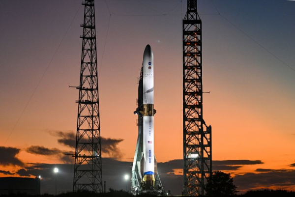 Blue Origin&#039;s New Glenn rocket, carrying a pair of NASA&#039;s ESCAPADE spacecraft, sits on the launchpad at Cape Canaveral Space Force Station in Florida on Saturday. Photo by Joe Marino/UPI