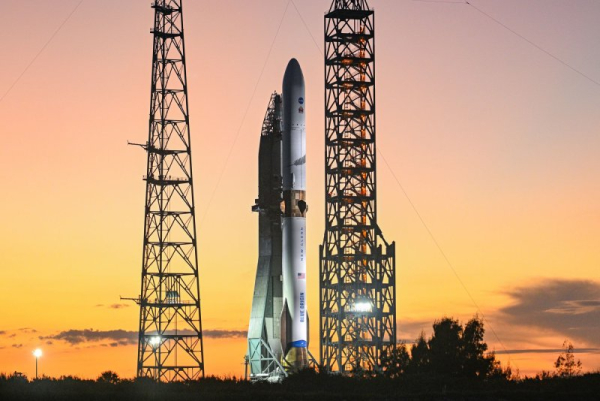 The launch of Blue Origin&#039;s New Glenn rocket, with a pair of carrying a pair of NASA&#039;s ESCAPADE spacecraft headed to Mars, is pictured Saturday at Launch Complex 36 at the Cape Canaveral Space Force Station in Florida. Weather prompted engineers to scrub the mission on Sunday. Photo by Joe Marino/UPI