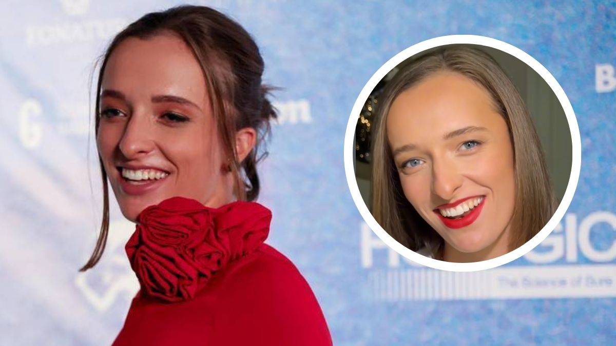 Iga Świątek w uśmiechniętej pozie, na jednym zdjęciu w całości, na drugim zbliżenie na twarz.