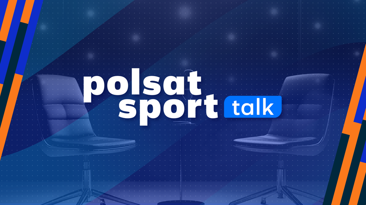 Logo "polsat sport talk" z dwoma pustymi krzesłami ustawionymi naprzeciwko siebie, sugerujące studio rozm&oacute;w.