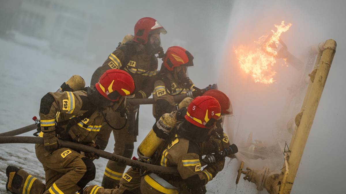 Strażacy w akcji gaśniczej, walczący z płomieniami i dymem.