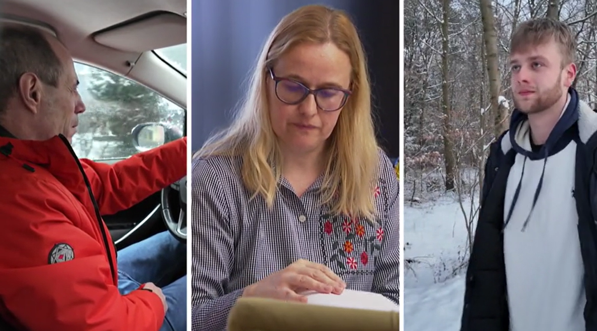 Trzy kadry przedstawiające osoby dotknięte oszustwami związanymi z nabyciem pojazd&oacute;w: mężczyzna w aucie, kobieta wpatrująca się w dokumenty, młody mężczyzna w zimowej scenerii.