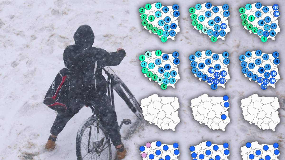 Osoba z rowerem w zaspie śnieżnej obok map przedstawiających prognozę pogody w Polsce.