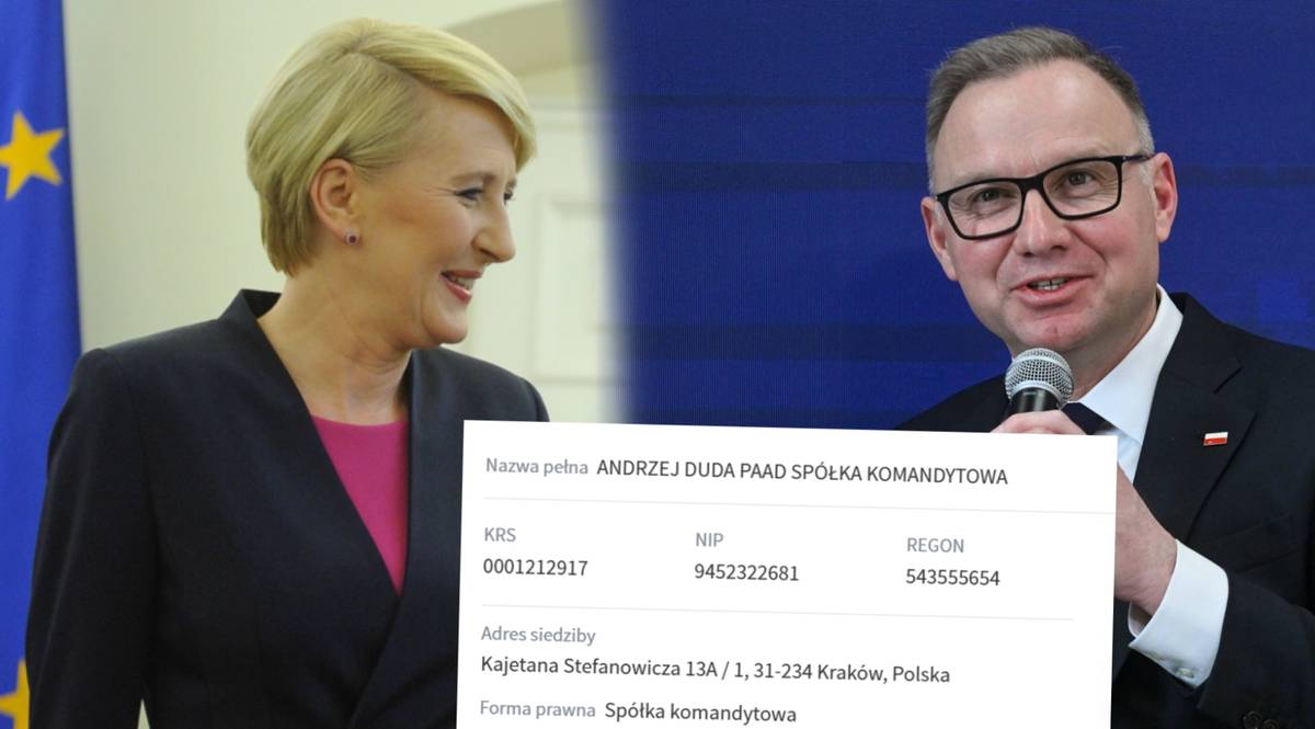 Zdjęcie przedstawia byłą parę prezydencką, Andrzeja Dudę i Agatę Kornhauser-Dudę, z dokumentem rejestrowym sp&oacute;łki "Andrzej Duda PAAD" na pierwszym planie.