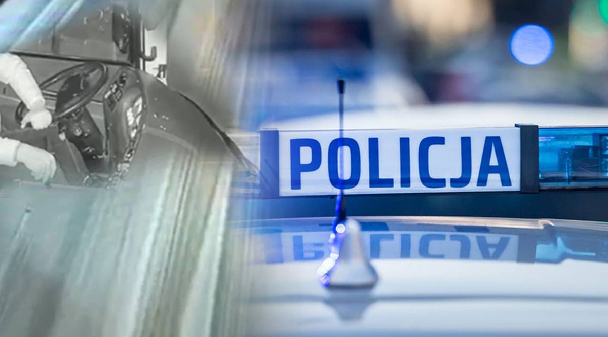 Kolaż zdjęć: z lewej strony fragment wnętrza samochodu z ręką na kierownicy, z prawej strony fragment policyjnego radiowozu z napisem POLICJA.