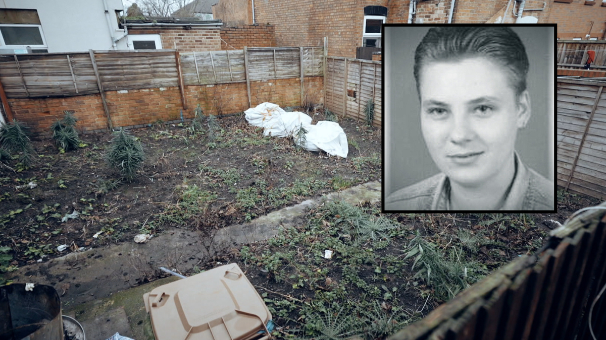 Wstawka ze zdjęciem młodej kobiety obok zdjęcia zaniedbanego ogrodu.