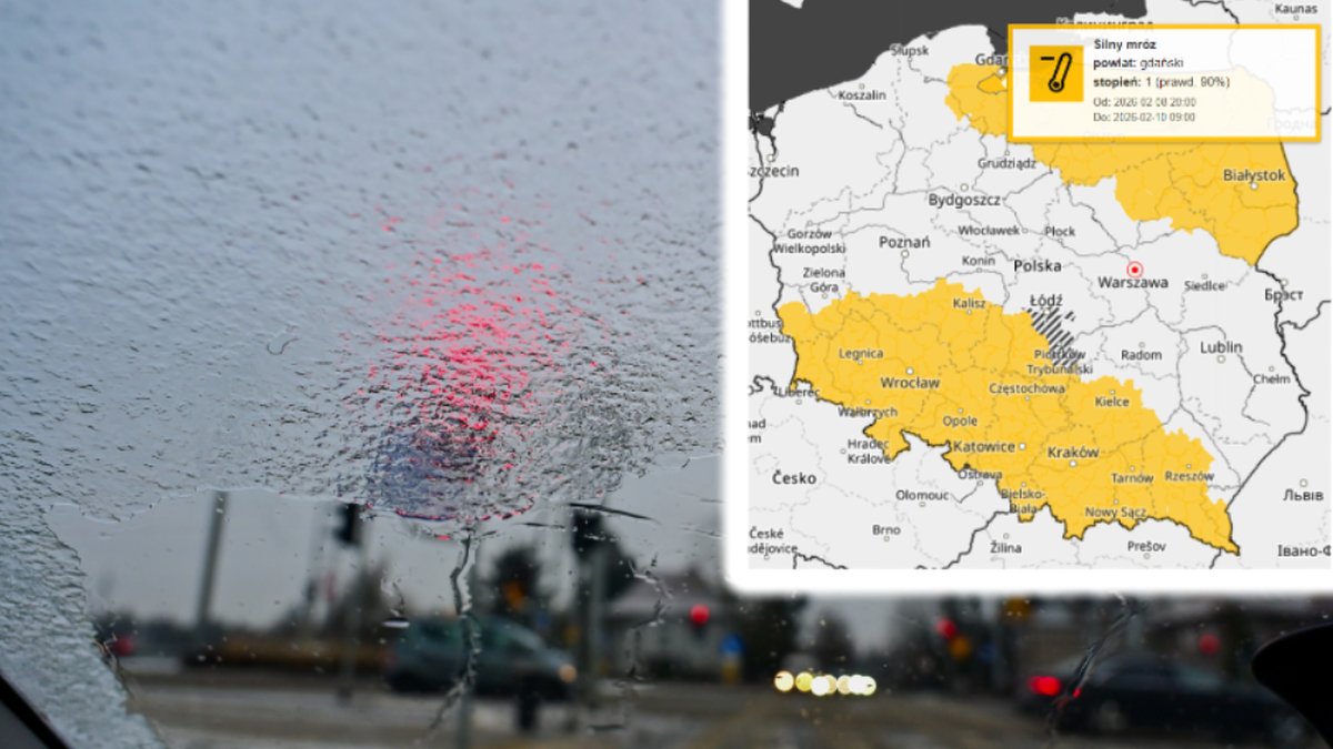 Widok przez oblodzoną szybę samochodu na drogę z sygnalizacją świetlną, obok mapa Polski z zaznaczonymi obszarami ostrzeżeń meteorologicznych.