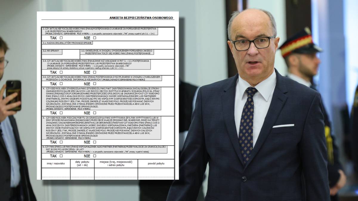 Fragment formularza ankiety bezpieczeństwa osobowego obok mężczyzny w garniturze.