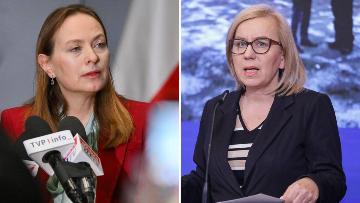 Dwie kobiety przemawiające na konferencji prasowej, jedna z nich to Katarzyna Pełczyńska-Nałęcz.