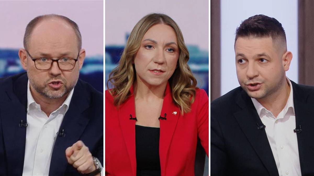 Trzy portrety os&oacute;b biorących udział w dyskusji politycznej.