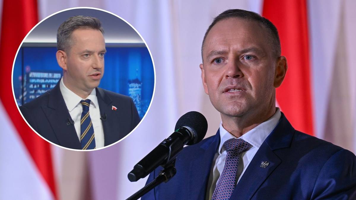 Dwa portrety polityk&oacute;w w formalnych strojach, jeden w zbliżeniu m&oacute;wiący do mikrofonu, drugi ujęty w okręgu.