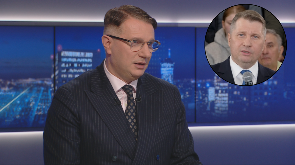 Przemysław Wipler w garniturze siedzi i m&oacute;wi, w tle widać studio telewizyjne. W prawym g&oacute;rnym rogu mniejszy obraz z Przemysławem Czarnkiem.