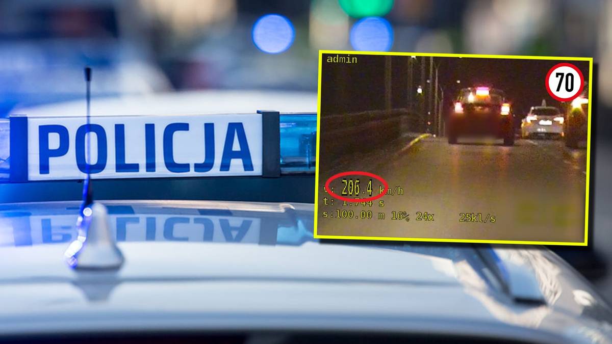 Napis 'POLICJA' na świetle sygnalizacyjnym radiowozu. Obok zdjęcie z kamery samochodowej pokazujące pędzący samoch&oacute;d z odczytem prędkości 206 km/h i znakiem ograniczenia do 70 km/h.