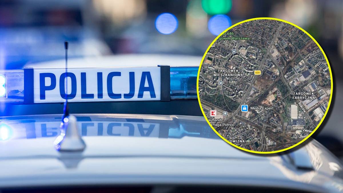 Fragment radiowozu policyjnego z napisem POLICJA na niebieskich światłach ostrzegawczych oraz wstawka z mapą satelitarną Warszawy.