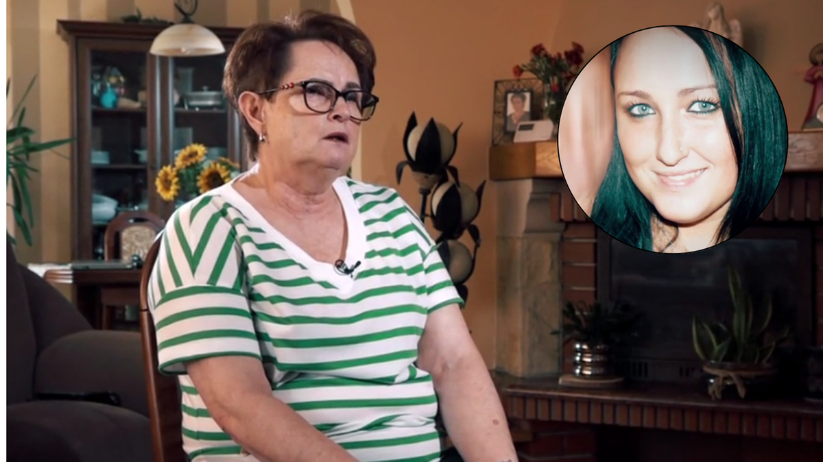 Przełom w sprawie zgonu Pauliny Antczak: Morderstwo sugerowane od 12 lat. 3 Kobieta starsza, w okularach i zielono-białej bluzce w paski, siedzi i mówi. Obok niej w okrągłym kadrze widnieje zdjęcie młodej kobiety z zielonymi pasemkami we włosach.