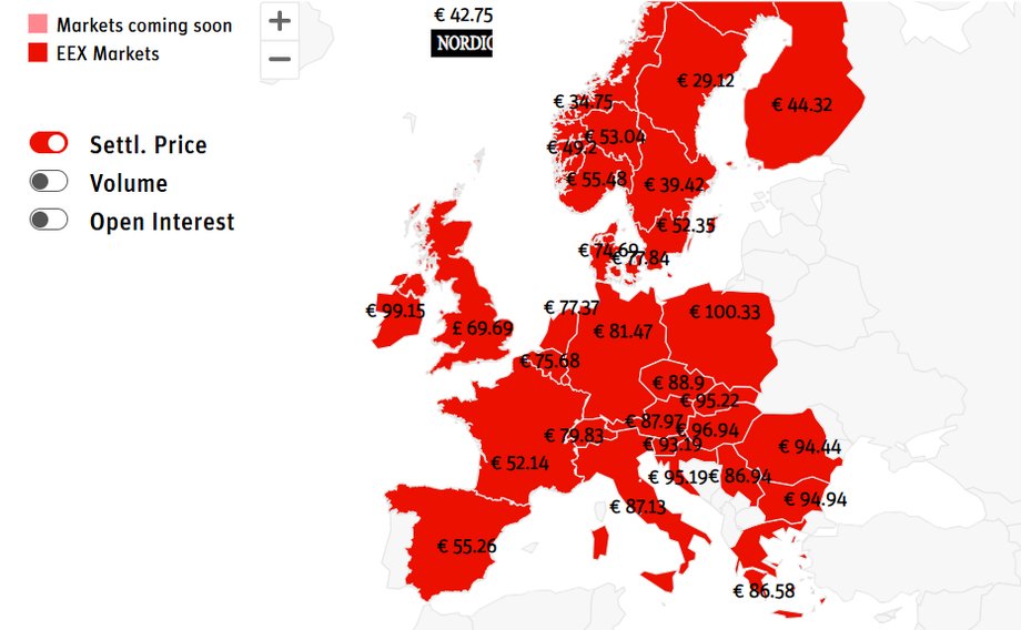 Mapa cen energii elektrycznej w kontraktach na 2027 (2 marca 2026 r.)