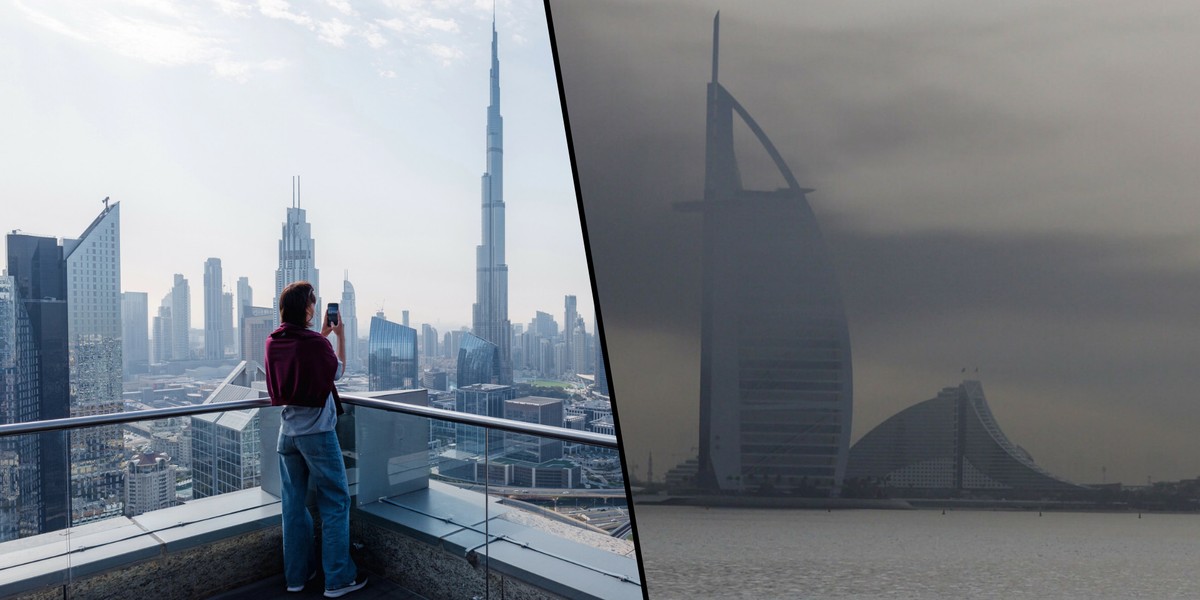 Dubaj. Po lewej: kobieta robi zdjęcie panoramy miasta z Burdż Chalifa w tle, 9 lutego 2026 r. Po prawej: dym widoczny nad Dubajem po eksplozjach 13 marca 2026 r. 