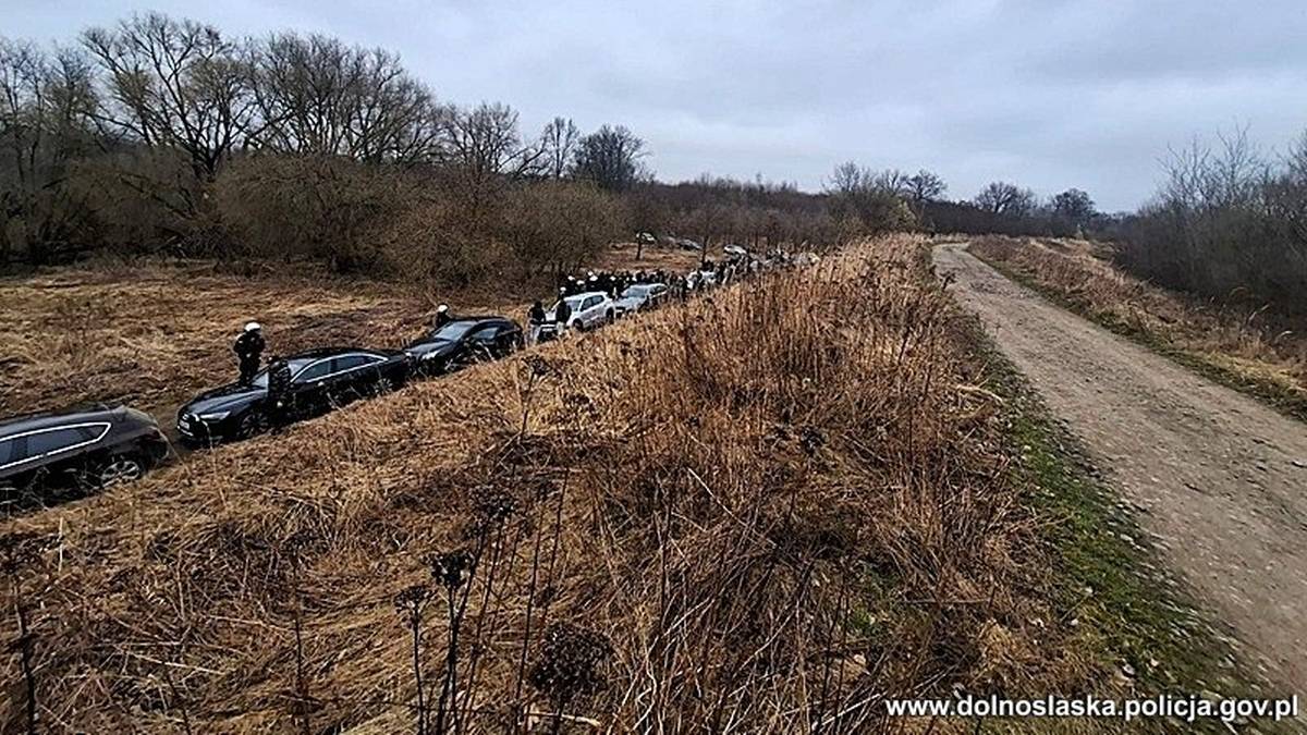 Rząd samochod&oacute;w zaparkowanych w terenie zadrzewionym, obok drogi gruntowej, z widocznymi ludźmi w tle.
