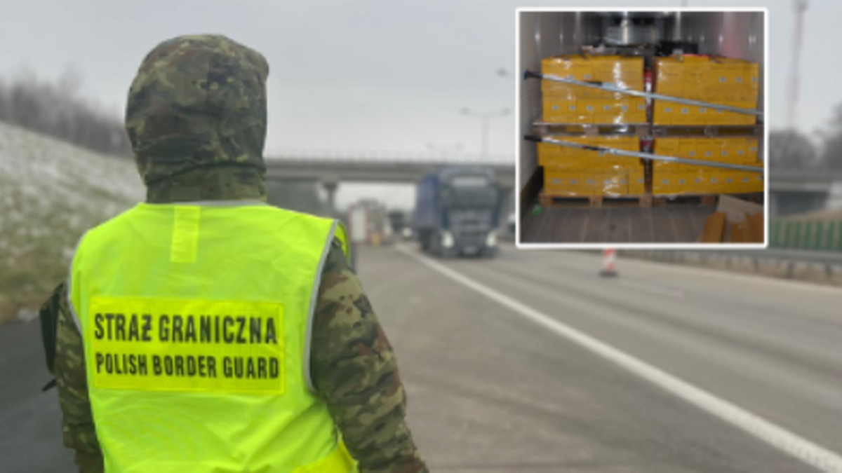 Funkcjonariusz Straży Granicznej w kamizelce odblaskowej na tle drogi, z wstawką przedstawiającą palety z kartonami alkoholu.