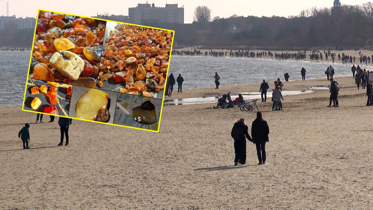 Kolaż zdjęć przedstawiający bursztyny o r&oacute;żnej wielkości i kształcie, umieszczony na tle plaży nad Bałtykiem, gdzie spacerują ludzie.