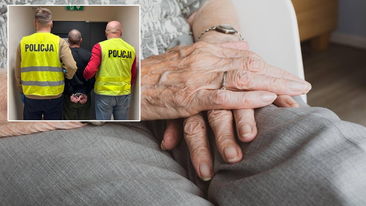 Dwie osoby w kamizelkach z napisem POLICJA prowadzą zatrzymanego mężczyznę, na tle widoczny fragment dłoni starszej osoby.