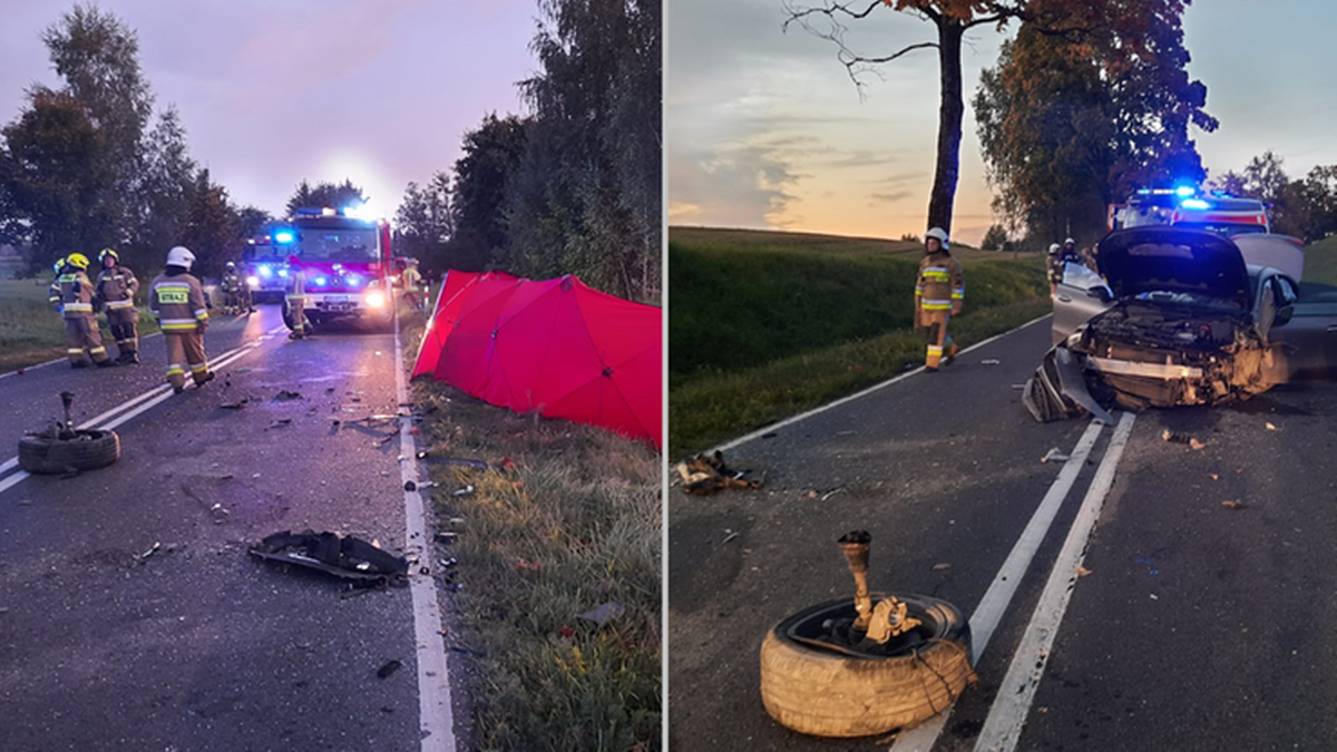 Dwie fotografie przedstawiające miejsce wypadku drogowego. Na lewej fotografii widoczni są strażacy przy rozbitych pojazdach i czerwonym namiocie ratunkowym na poboczu drogi. Na prawej fotografii widać uszkodzone samochody stojące na poboczu drogi, z widocznymi elementami pojazd&oacute;w na jezdni.
