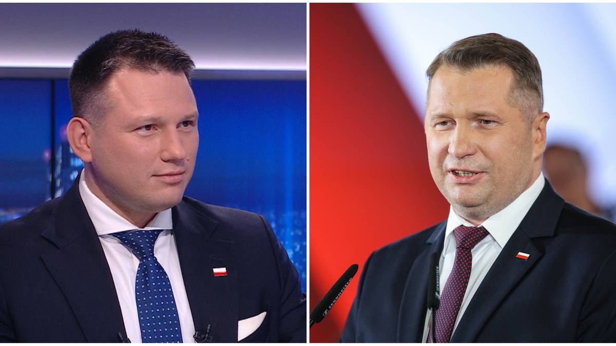 Dwa portrety mężczyzn w garniturach. Po lewej młodszy mężczyzna w granatowym garniturze i niebieskim krawacie w białe kropki, z białą poszetką. Po prawej starszy mężczyzna w granatowym garniturze i bordowym krawacie, z białą poszetką.