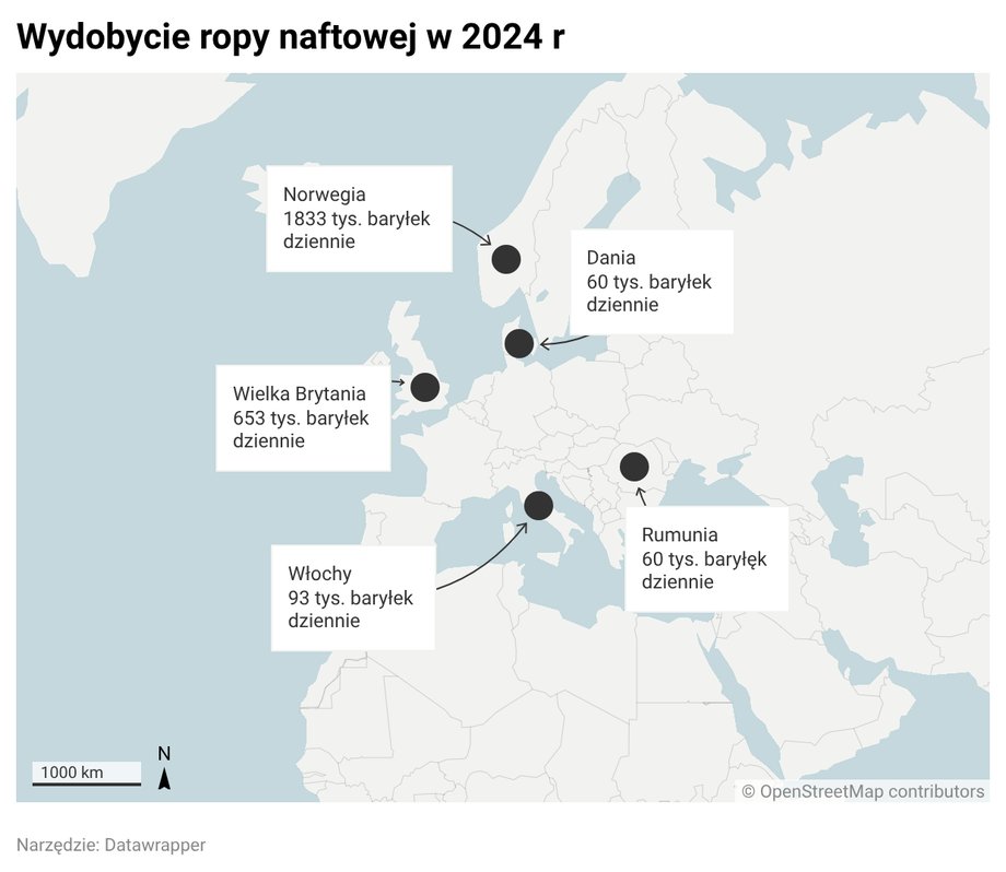 Wydobycie ropy naftowej w Europie w 2024 r. 