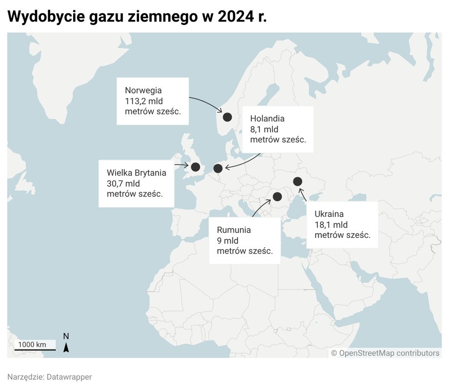 Wydobycie gazu ziemnego w Europie w 2024 r. 