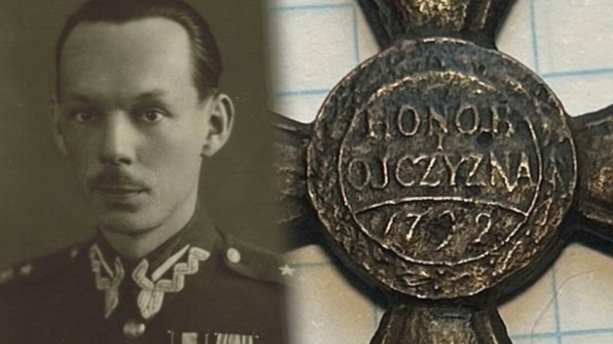 Zdjęcie przedstawia portret kapitana Juliusza Heinzla po lewej stronie i zbliżenie na fragment orderu Virtuti Militari po prawej.