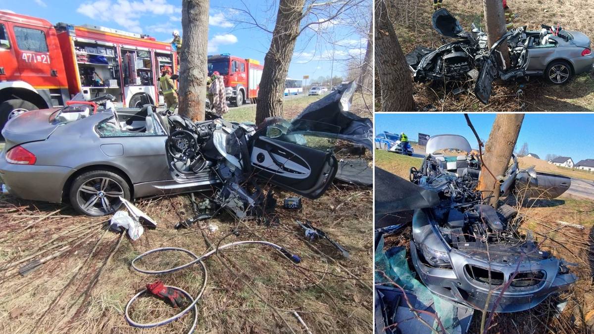 BMW zmiażdżone. Tragiczny incydent w Garczegorzu 3 Rozbite BMW po zderzeniu z drzewem, widoczna straż pożarna na miejscu zdarzenia.