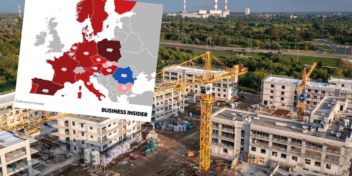 W Polsce widoczny jest w tym największy w Europie spadek zakresu prac budownictwa. Na zdj. plac budowy bloków mieszkalnych na Siekierkach w Warszawie