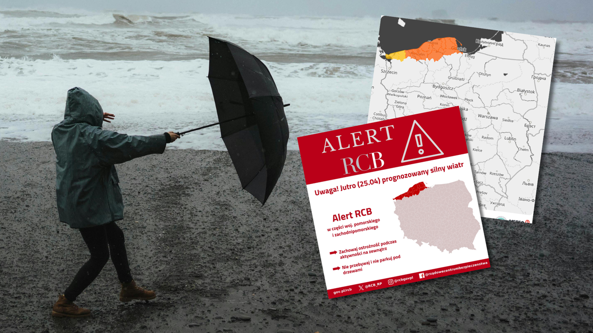 Osoba w płaszczu z parasolką walcząca z silnym wiatrem na plaży, obok mapa ostrzeżeń pogodowych i alert RCB.