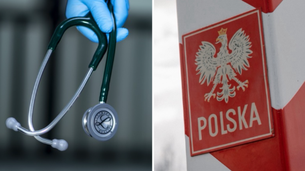 Polaków obawy o przyszłość państwa. Nowy sondaż ujawnia najczęstsze lęki. 3 Dłoń w niebieskiej rękawiczce trzyma stetoskop. Obok znajduje się tabliczka z godłem Polski i napisem "POLSKA".