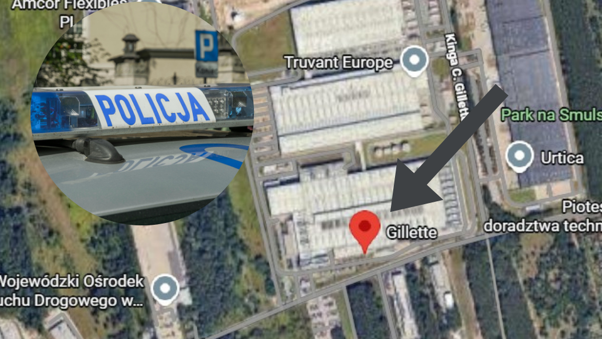 Łódź: Zakład ewakuowany. Strzały z broni palnej. 3 Widok z lotu ptaka na fabrykę Gillette w Łodzi, ze wstawką pokazującą policyjny radiowóz.