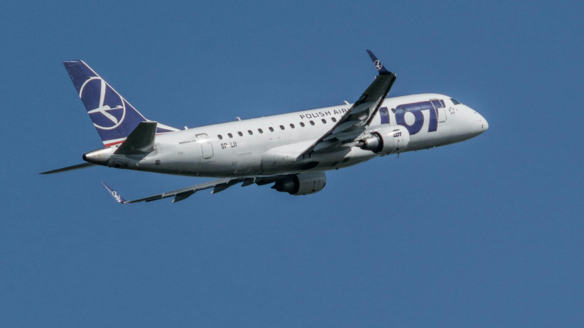 Samolot PLL LOT wznoszący się na tle błękitnego nieba.
