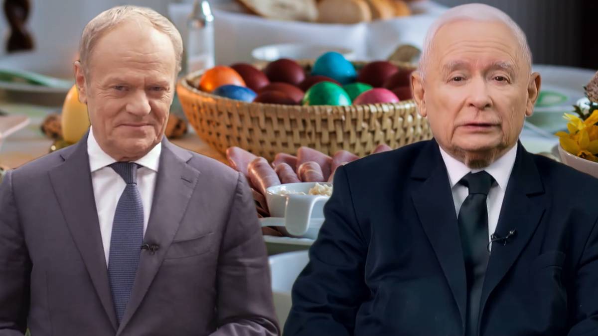 Życzenia od polityków. Szef rządu parafrazował znany utwór. 3 Donald Tusk i Jarosław Kaczyński na tle wielkanocnych dekoracji.