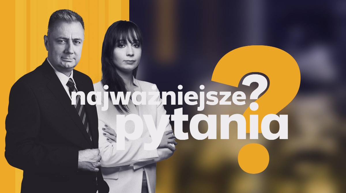 Grafika promująca program publicystyczny "Najważniejsze pytania" z sylwetkami dw&oacute;ch os&oacute;b i znakiem zapytania.