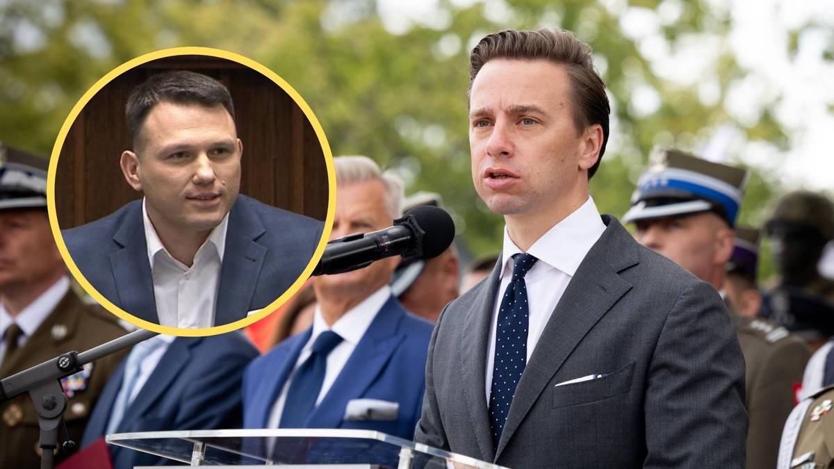 Portret Sławomira Mentzena w okręgu i Krzysztof Bosak przemawiający do mikrofonu.