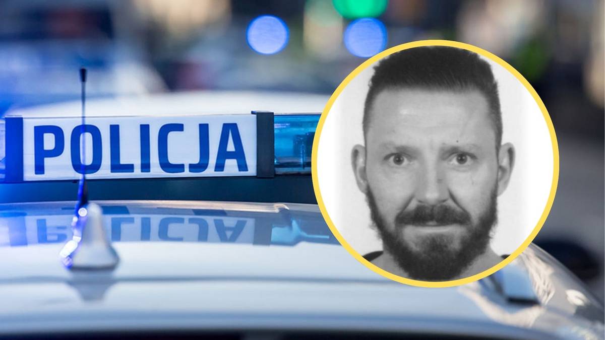 Fragment policyjnego radiowozu z napisem "POLICJA" oraz zdjęcie poszukiwanego mężczyzny.