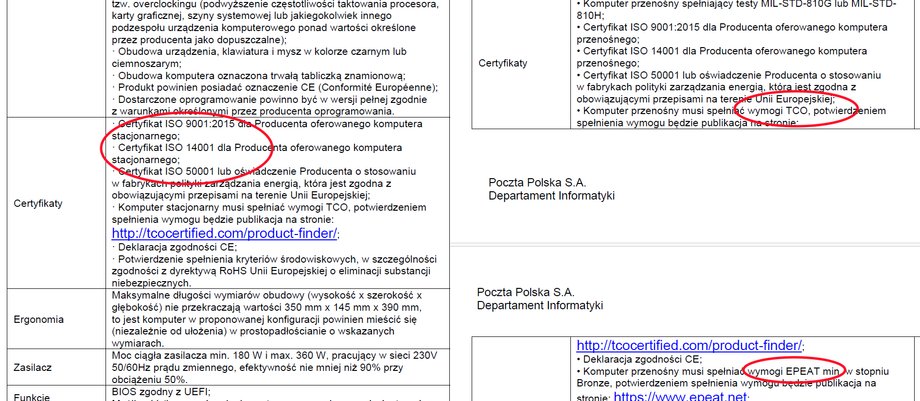 W przetargu Poczty Polskiej inne certyfikaty wymagane są do komputerów stacjonarnych, a inne do laptopów